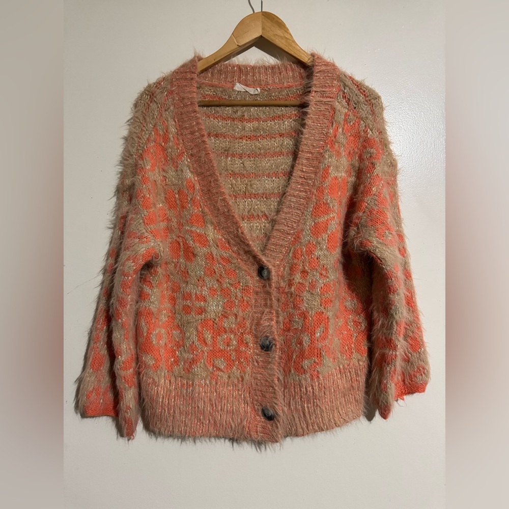 Altar’d state Chic Orange Peach Tan Women's Fuzzy Cardigan Medium
